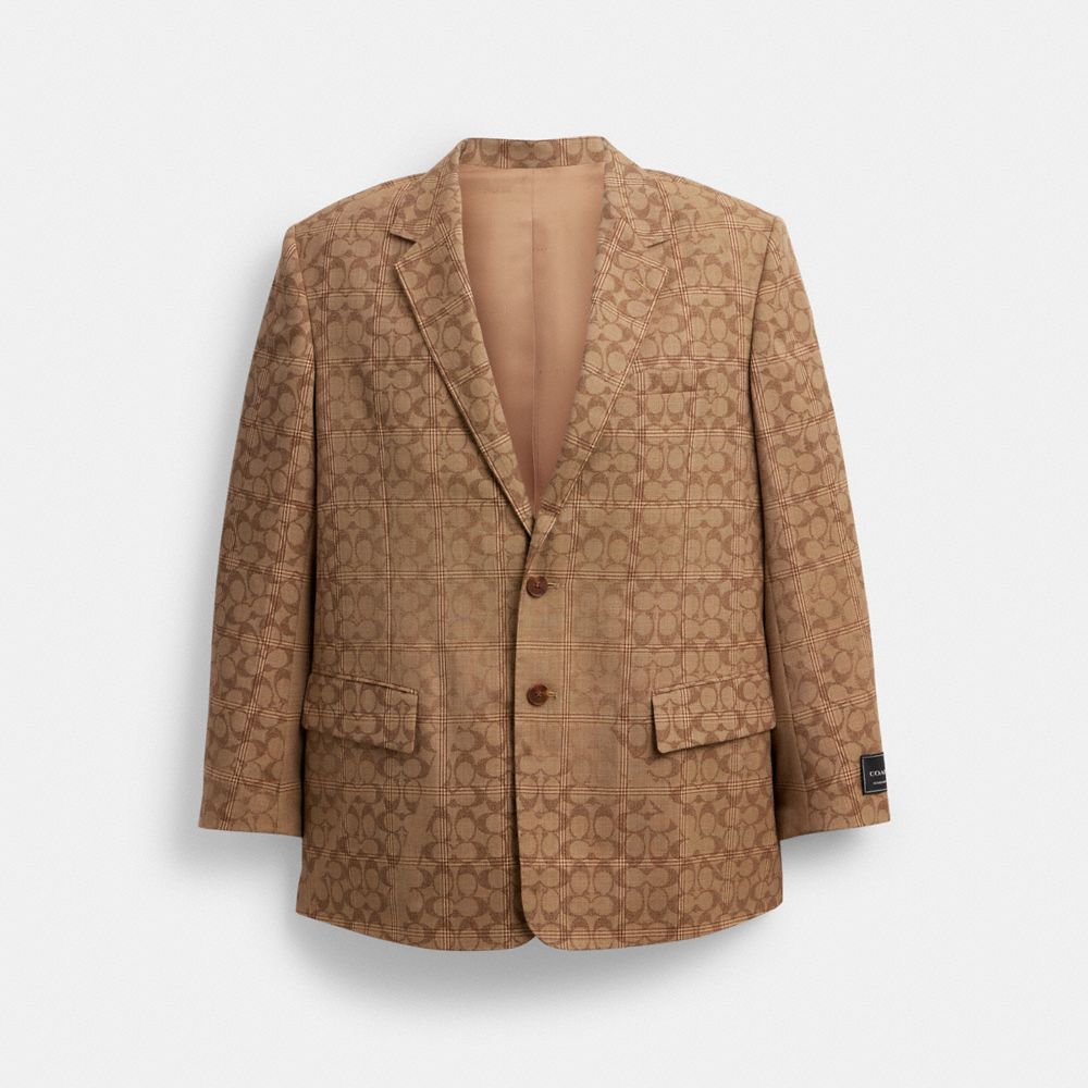COACH®,Signature Blazer,Recycled Polyester,Viscose,Polyester,Sports Coat,Logo,Tag Embellishment,Eco-Friendly,Casual,Brown,Front View