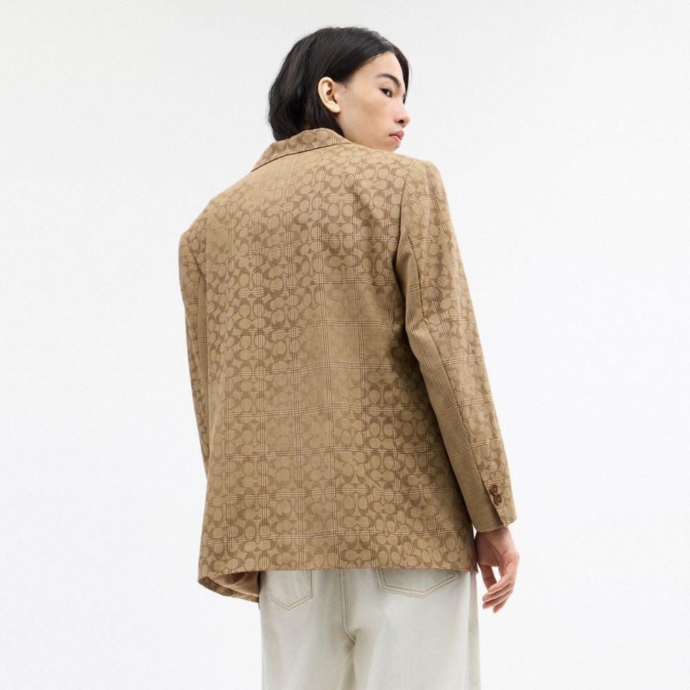COACH®,Signature Blazer,Recycled Polyester,Viscose,Polyester,Sports Coat,Logo,Tag Embellishment,Eco-Friendly,Casual,Brown,Scale View