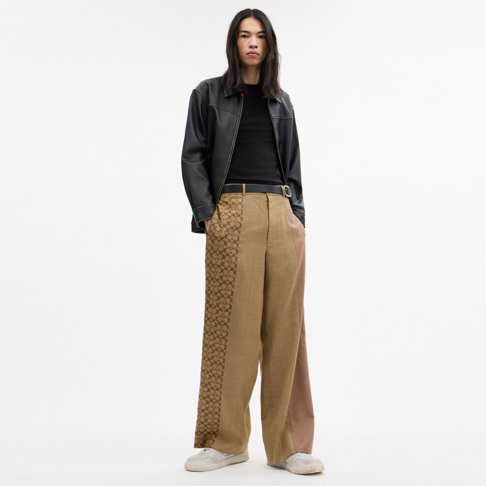 COACH®,Mashup Yarn Dye Trousers,Viscose,Wool,Polyester,Wide Leg,Trouser,Logo,Pattern,Casual,Brown,Scale View