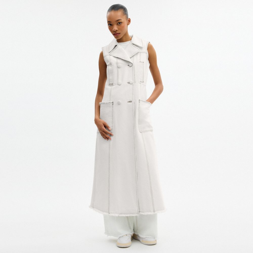 COACH®,Sleeveless Denim Coat,Cotton,Polyester,Lining Cotton,Vest,Frayed,Raw Seam,Stitching,Casual,White,Scale View