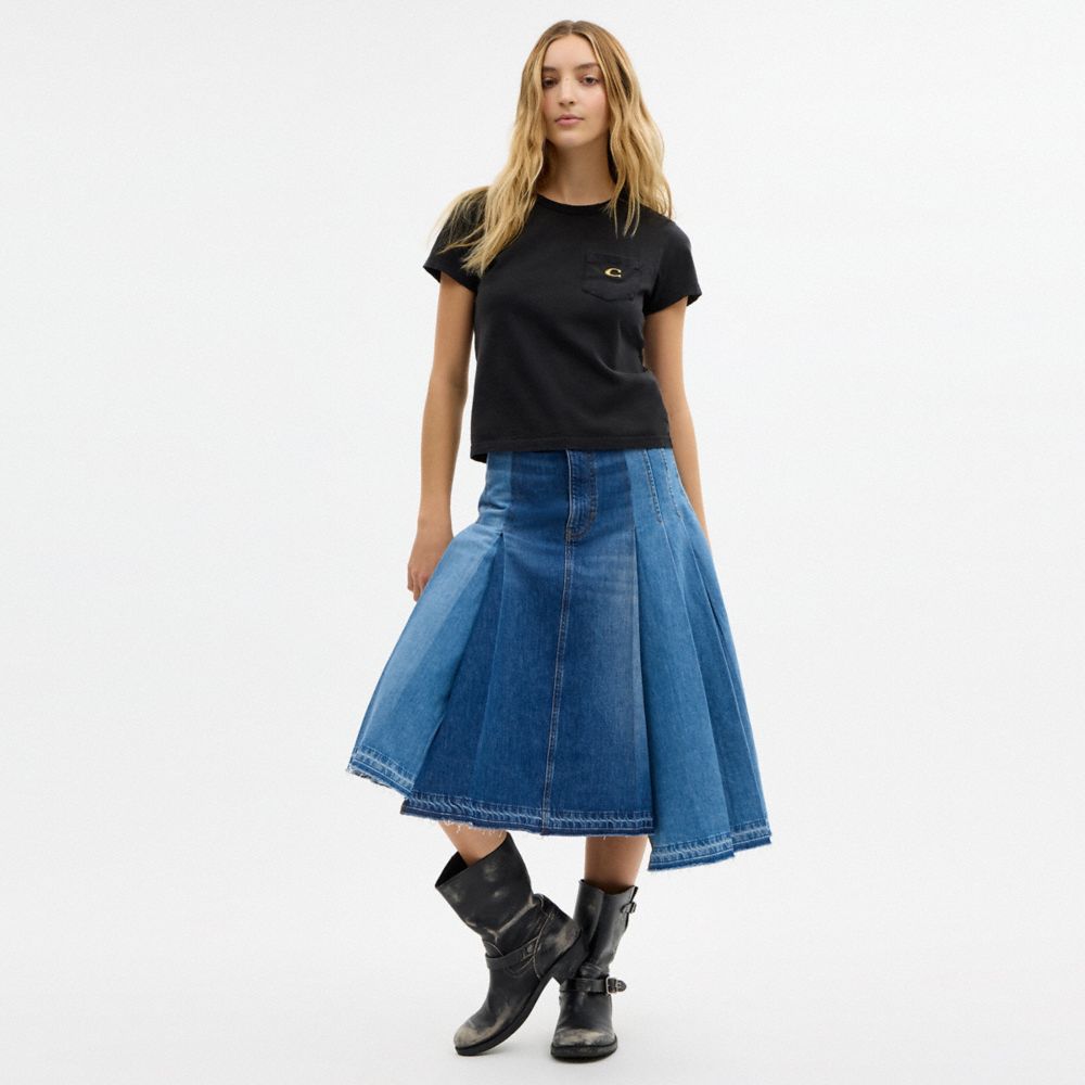 COACH®,Maxi Denim Skirt In Organic Cotton,Denim,Organic Cotton,Denim,A-Line,Pleated,Color Block,Whiskering,Eco-Friendly,Su...,Blue,Scale View