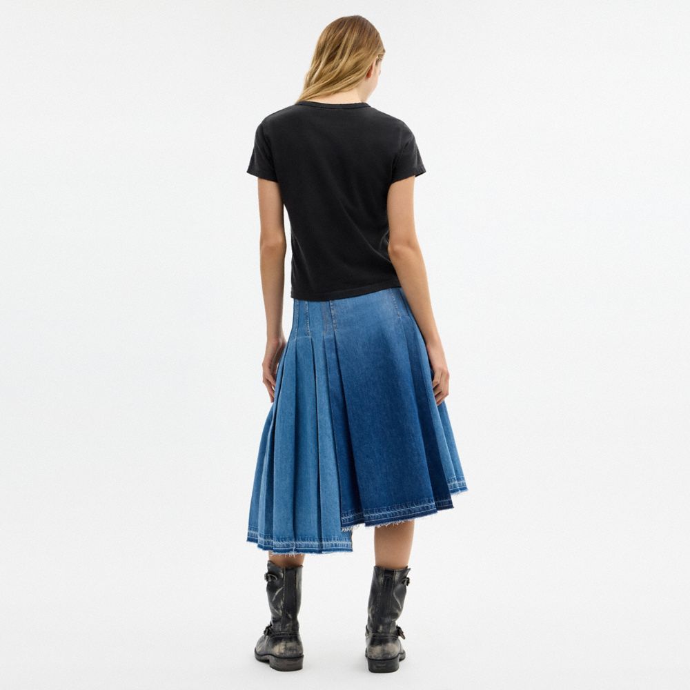 COACH®,Maxi Denim Skirt In Organic Cotton,Denim,Organic Cotton,Denim,A-Line,Pleated,Color Block,Whiskering,Eco-Friendly,Su...,Blue,Scale View