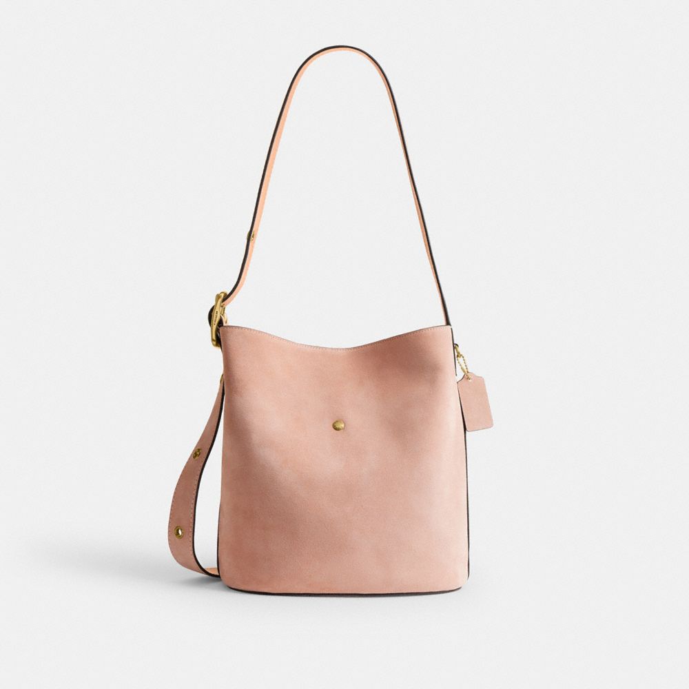 COACH®,Bleecker Bucket Bag With Kisslock,Suede,Leather,Bucket,Pendant,Adjustable,Brass,Day Party,Pink,Back View