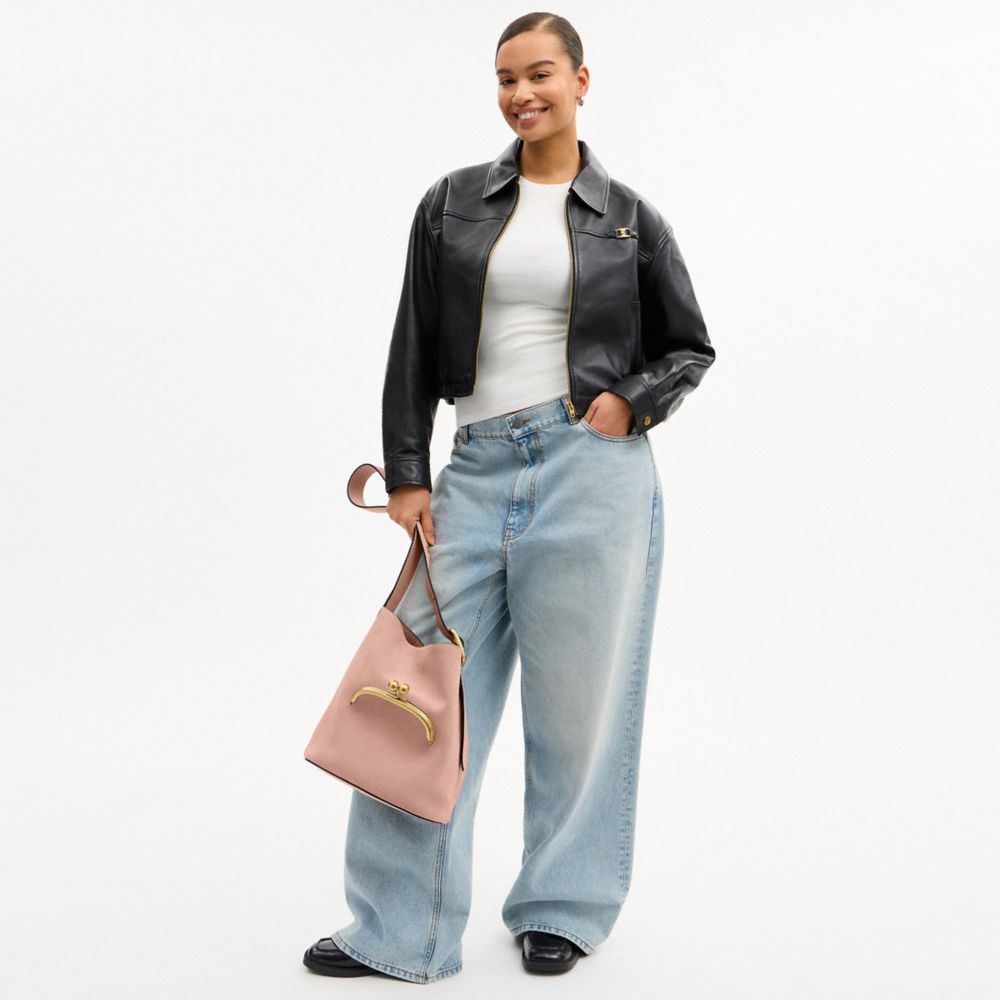 COACH®,Bleecker Bucket Bag With Kisslock,Suede,Leather,Bucket,Pendant,Adjustable,Brass,Day Party,Pink,Detail View