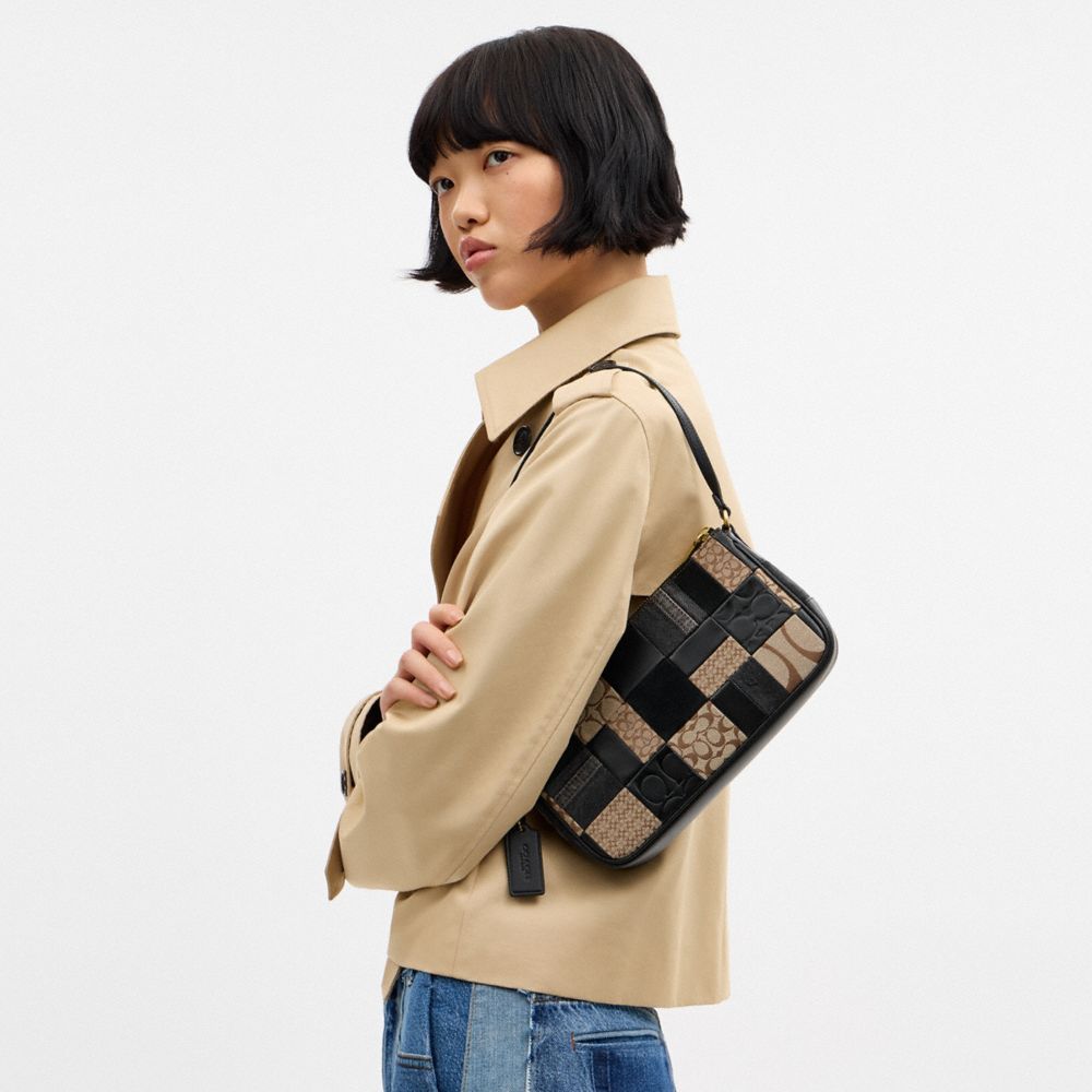 COACH®,Plaza Bag 25 With Patchwork,Denim,Lining Leather,Leather,Suede,Shoulder Bag,Color Block,Mixed Media,Patchwork,Penda...,Multi Color,Detail View