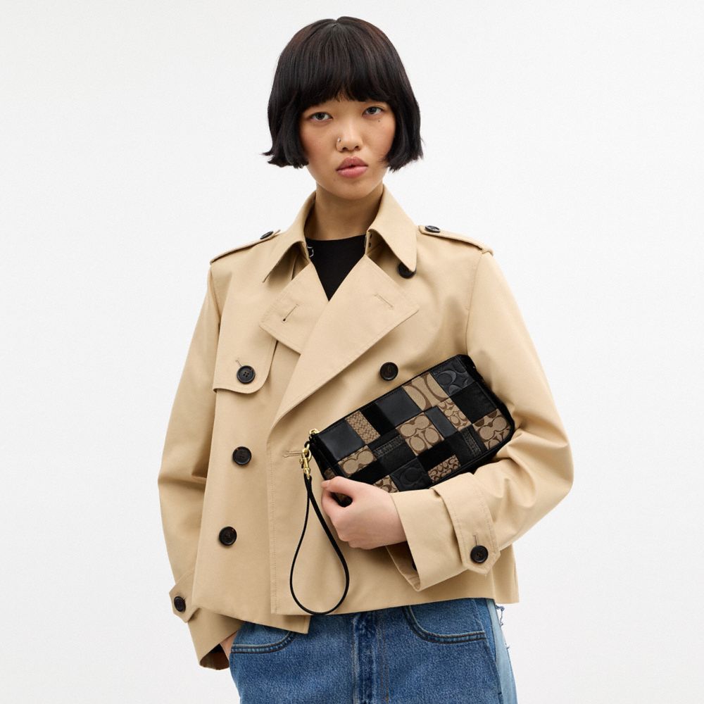 COACH®,Plaza Bag 25 With Patchwork,Denim,Lining Leather,Leather,Suede,Shoulder Bag,Color Block,Mixed Media,Patchwork,Penda...,Multi Color,Detail View