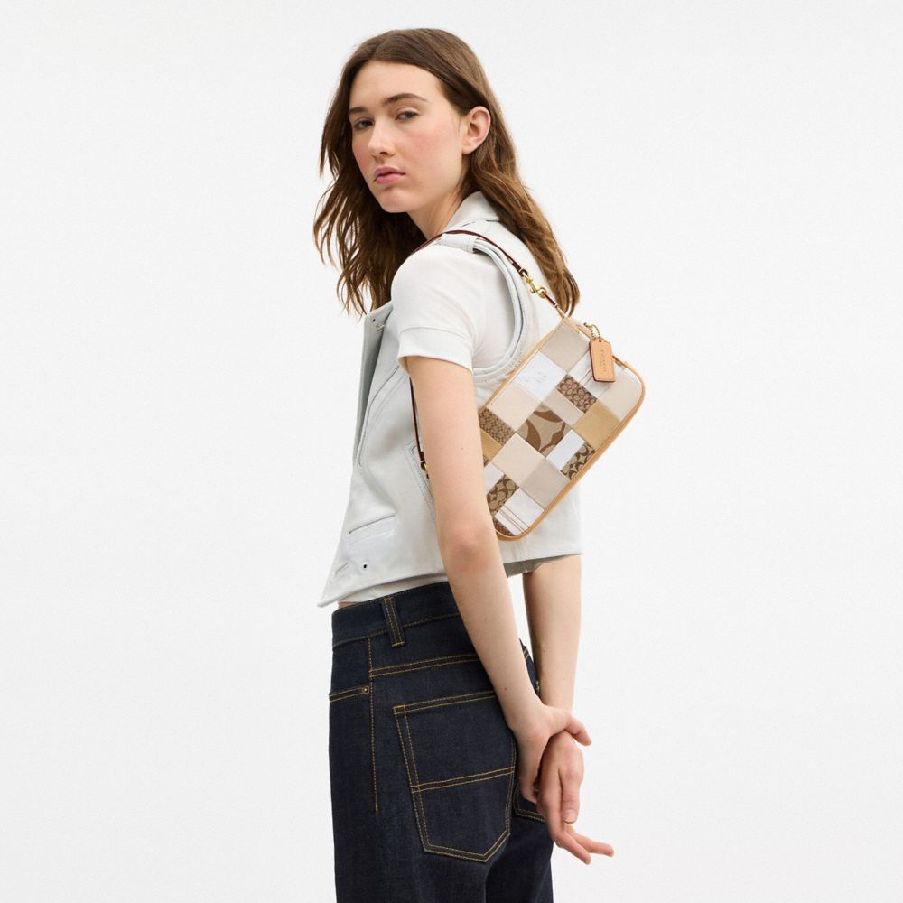 COACH®,Plaza Bag 25 With Patchwork,Leather,Denim,Suede,Shoulder Bag,Faux Leather,Mixed Media,Pendant,Piping,Logo,Color Blo...,Multi Color,Detail View