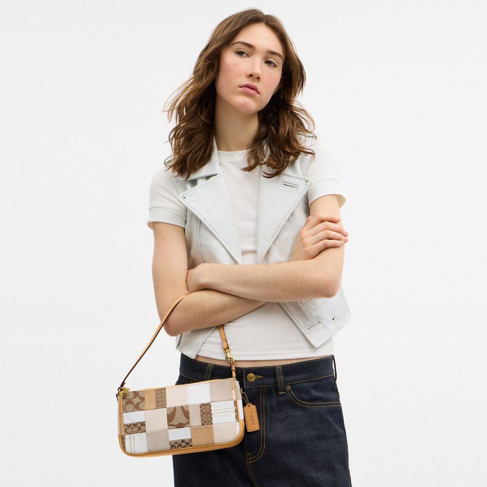 COACH®,Plaza Bag 25 With Patchwork,Leather,Denim,Suede,Shoulder Bag,Faux Leather,Mixed Media,Pendant,Piping,Logo,Color Blo...,Multi Color,Detail View