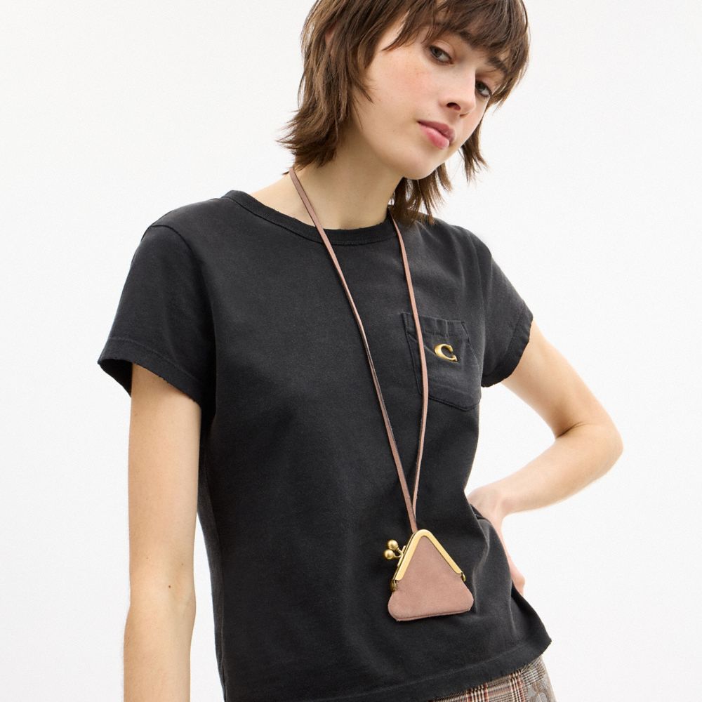 COACH®,Triangle Kisslock Pouch,Suede,Leather,Coin,Casual,Blush,Detail View