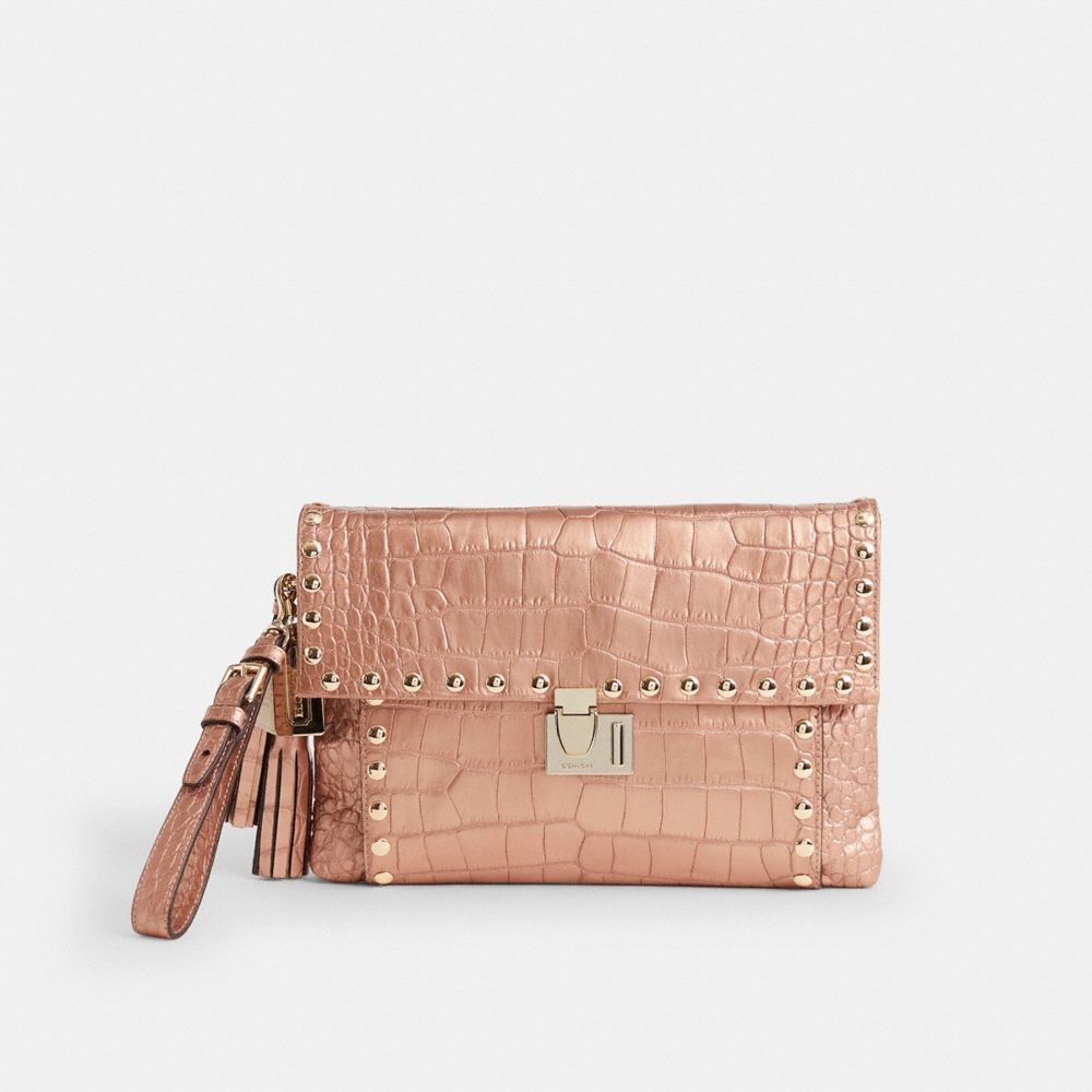 COACH®,Custom Legacy Metallic Croco-Embossed Lock Clutch,Leather,Clutch,Studded,Sustainable,Gold Metal,Party,Rose Gold,Front View