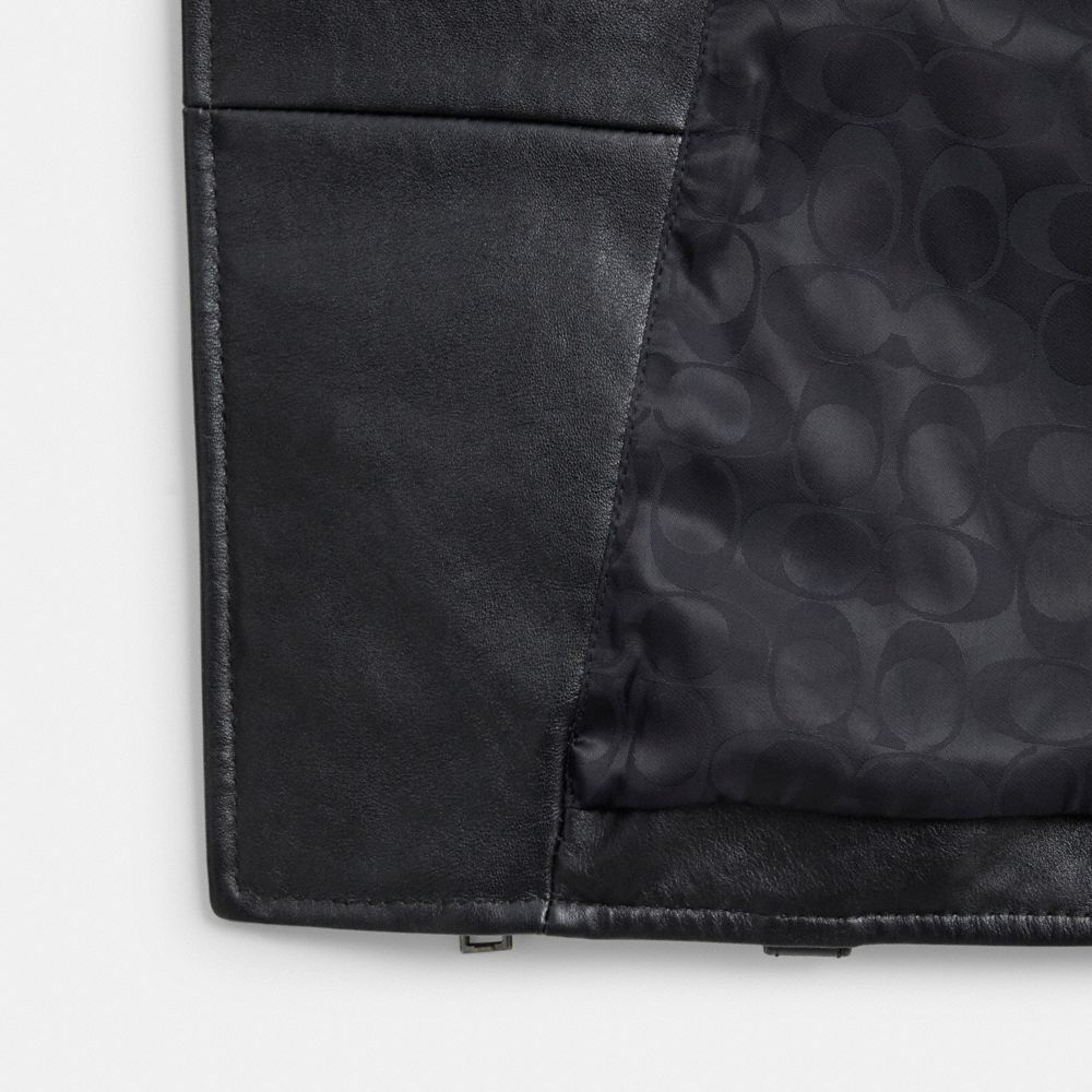 COACH®,Shrunken Leather Biker Jacket,Leather,Lining Recycled Polyester,Recycled Polyester,Viscose,Leather,Moto,Button,Eco-...,Black,Inside View,Top View