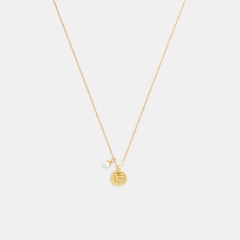 Coach Textured Signature Coin And Pearl Pendant Necklace
