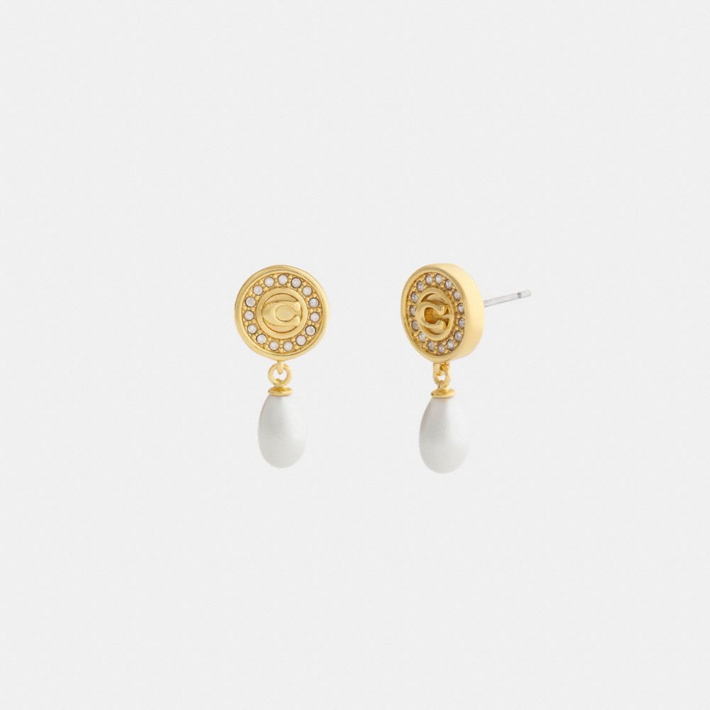 COACH®,Signature Pavé Coin Pearl Drop Earrings,,Front View