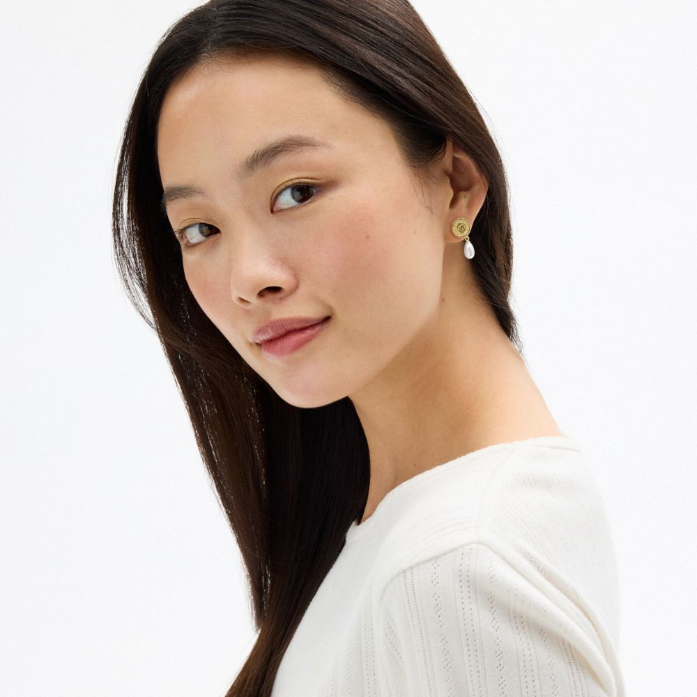COACH®,Signature Pavé Coin Pearl Drop Earrings,,Detail View