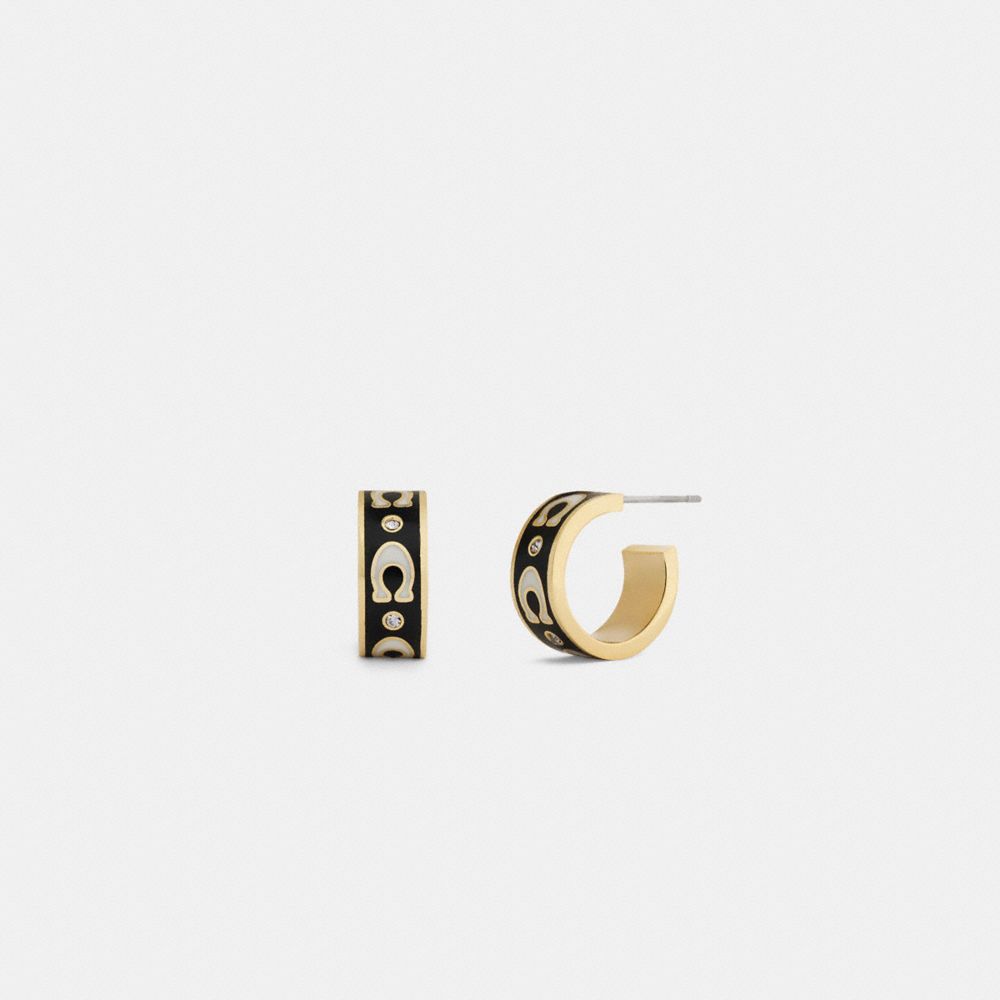 COACH®,Repeated C Huggie Earrings,Hoops,Huggies,Cubic Zirconia,Enamel,Glass,Gem Embellishment,Logo,Brass,Casual,Black,Front View