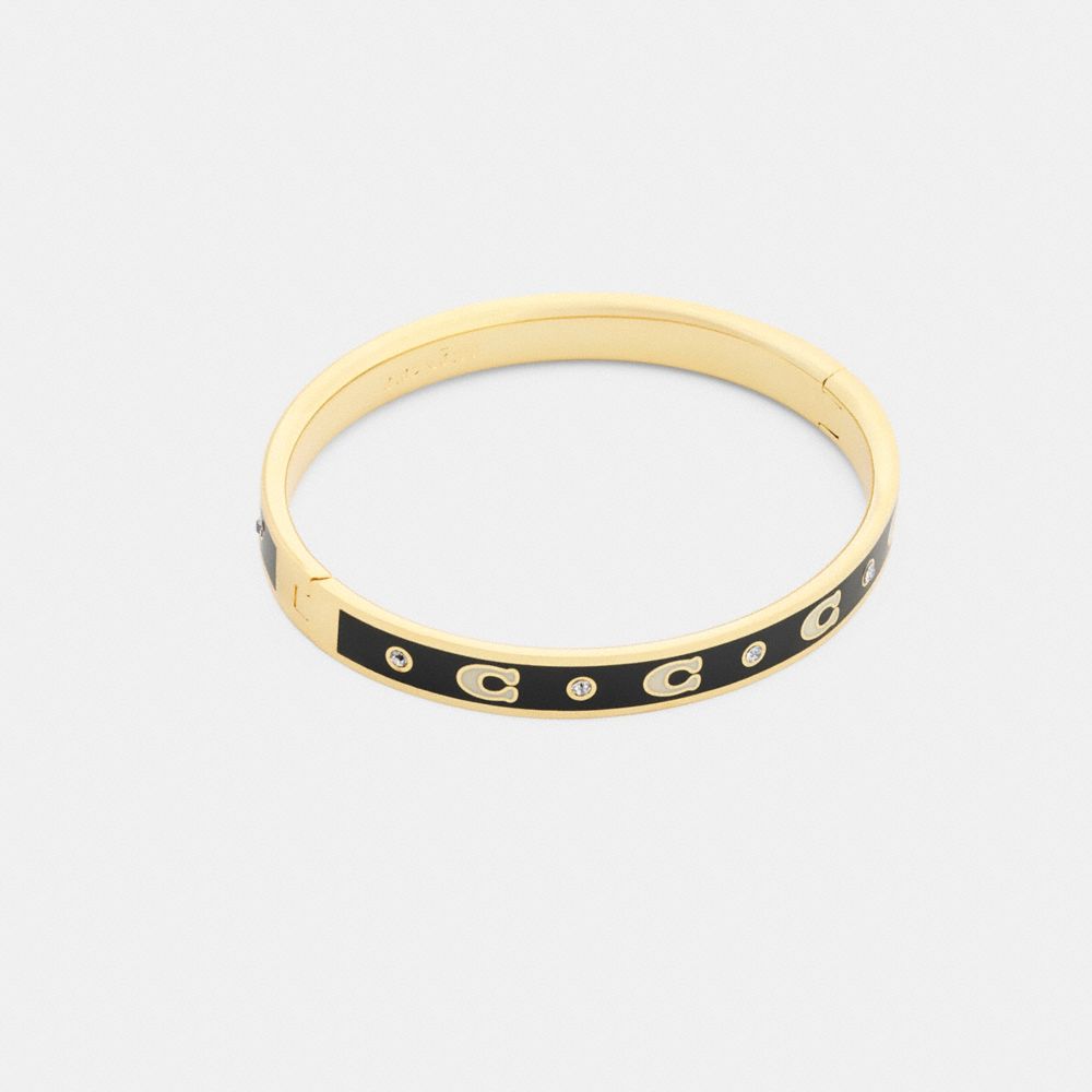 COACH®,Repeated C Hinged Bangle,Enamel,Cubic Zirconia,Glass,Crystal,Gem Embellishment,Logo,Stackable,Brass,Casual,Black,Front View