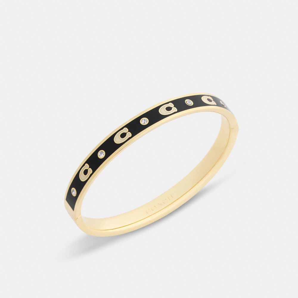 COACH®,Repeated C Hinged Bangle,Enamel,Cubic Zirconia,Glass,Crystal,Gem Embellishment,Logo,Stackable,Brass,Casual,Black,Inside View,Top View