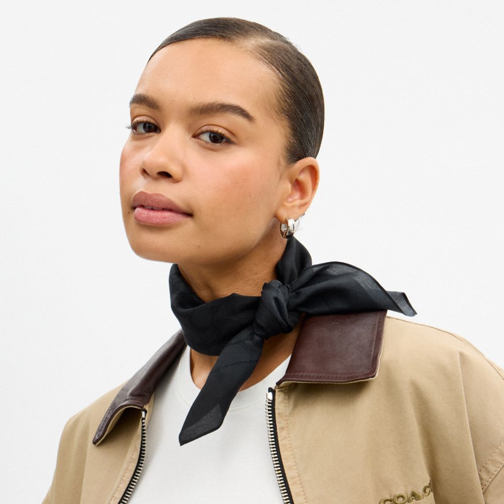 COACH®,Textured Signature Print Bandana,Cotton,Square,Logo,Casual,Black,Detail View
