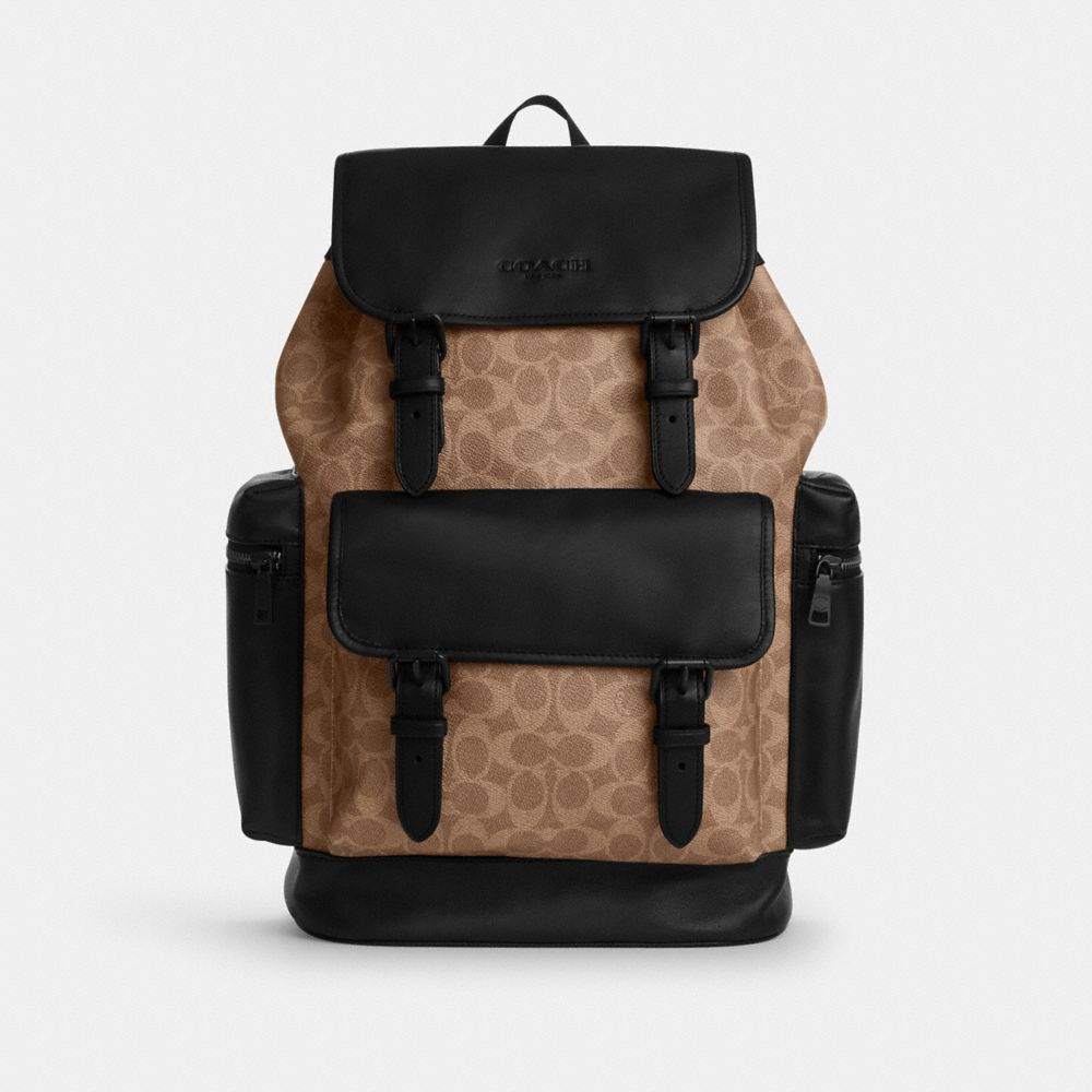 COACH®,Sprint Backpack In Signature Canvas,Canvas,Recycled Polyester,Leather,Backpack,Adjustable,Sustainable,Suitcase Sleeve,,Brown,Front View