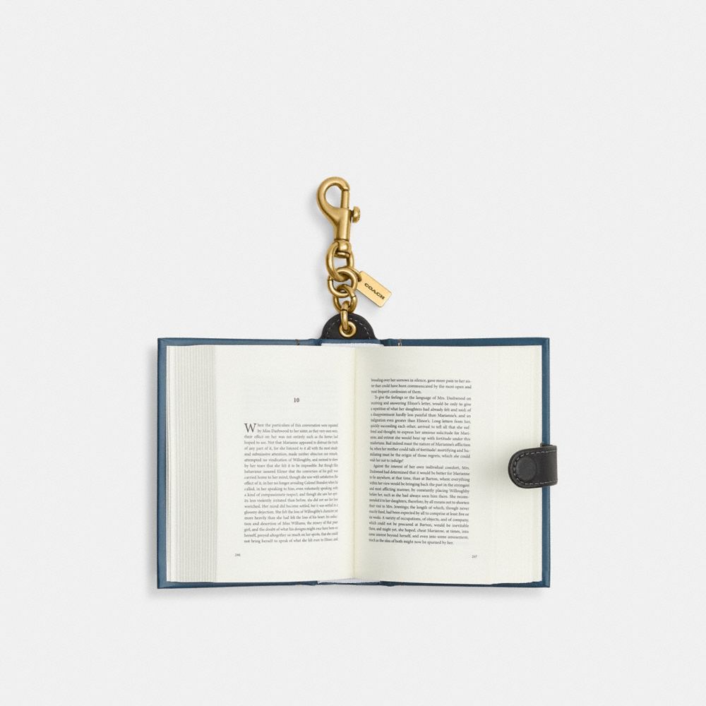 COACH®,Sense And Sensibility By Jane Austen Book Bag Charm,Leather,Bag Charm,Metal Material,3D Embellishment,Color Block,L...,Navy,Inside View,Top View