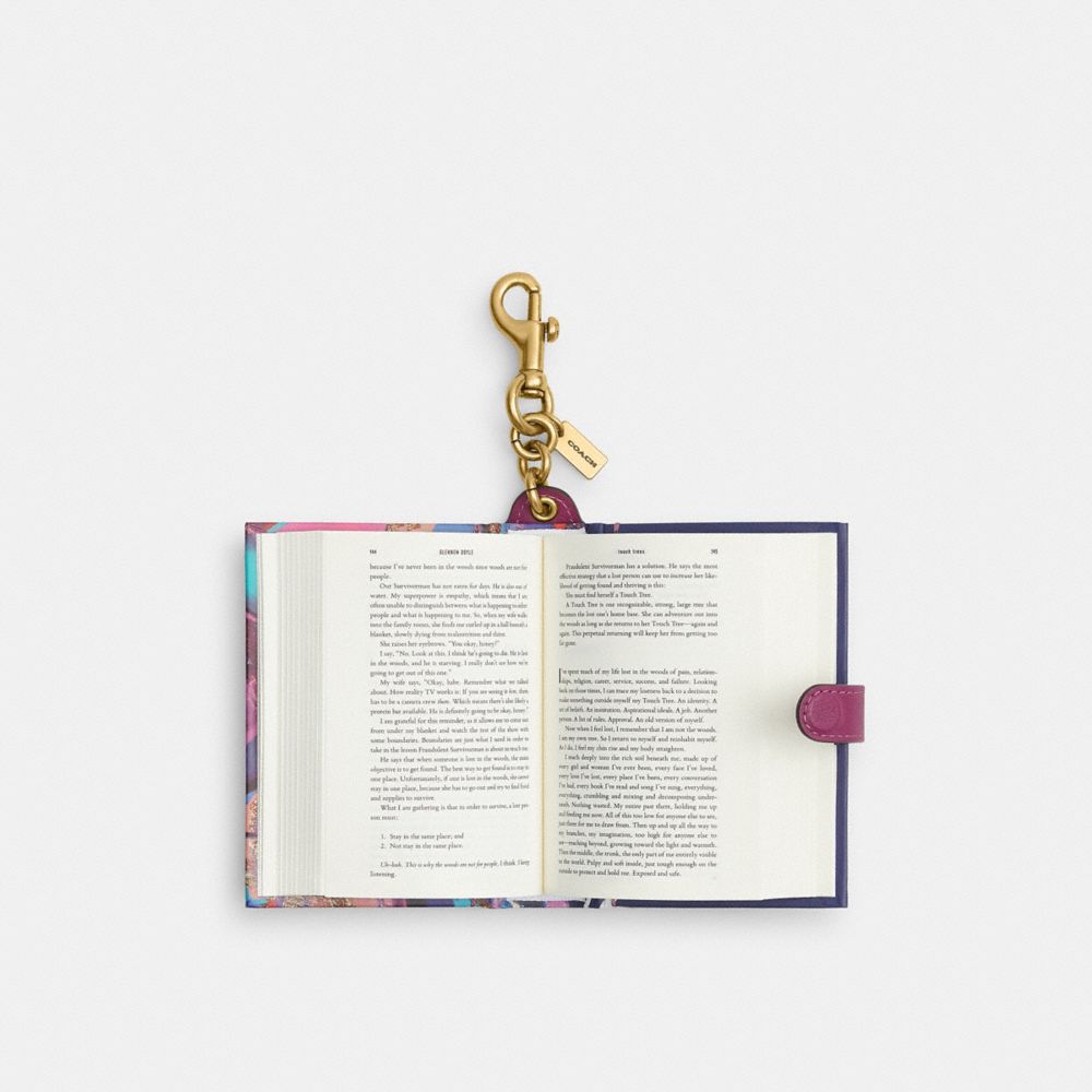 COACH®,Untamed By Glennon Doyle Book Bag Charm,Leather,Bag Charm,Paper,3D Embellishment,Color Block,Logo,Adjustable,Key Ring,Multi Color,Inside View,Top View