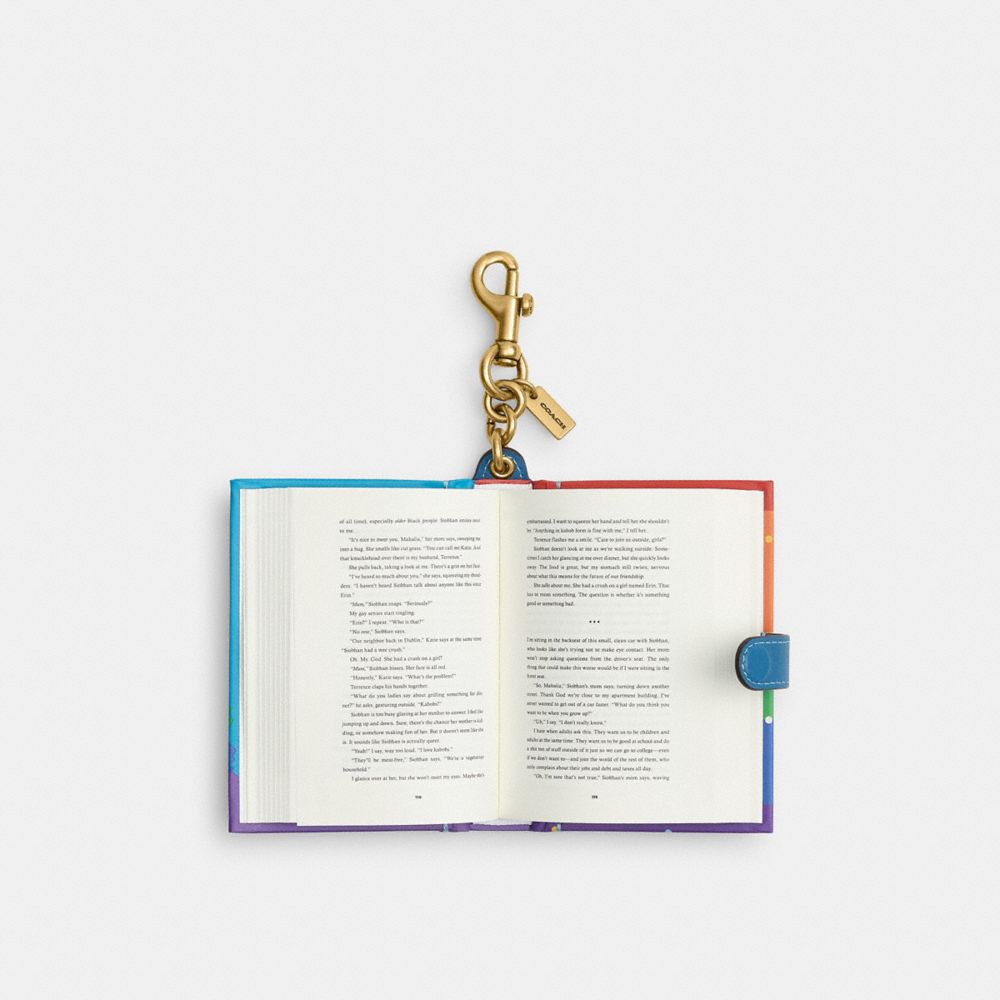 COACH®,Friday I'm In Love By Camryn Garrett Book Bag Charm,Leather,Bag Charm,Paper,3D Embellishment,Color Block,Logo,Multi Color,Inside View,Top View