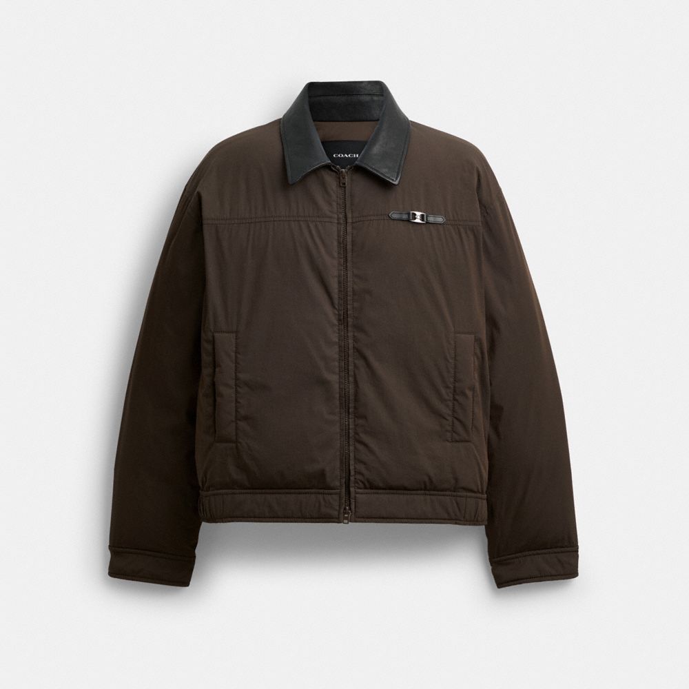 COACH®,Heritage C Puffer Jacket,Leather,Cotton,Polyamide,Puffer,Logo,Metal,Insulated,Casual,Brown,Front View