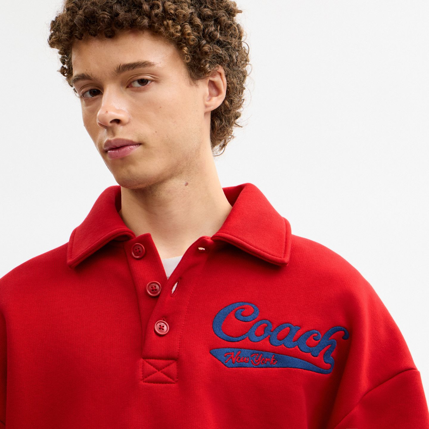 Мужская толстовка Coach Sporty Script Long Sleeve Relaxed Polo Sweatshirt, цвет: Красный — фото 4