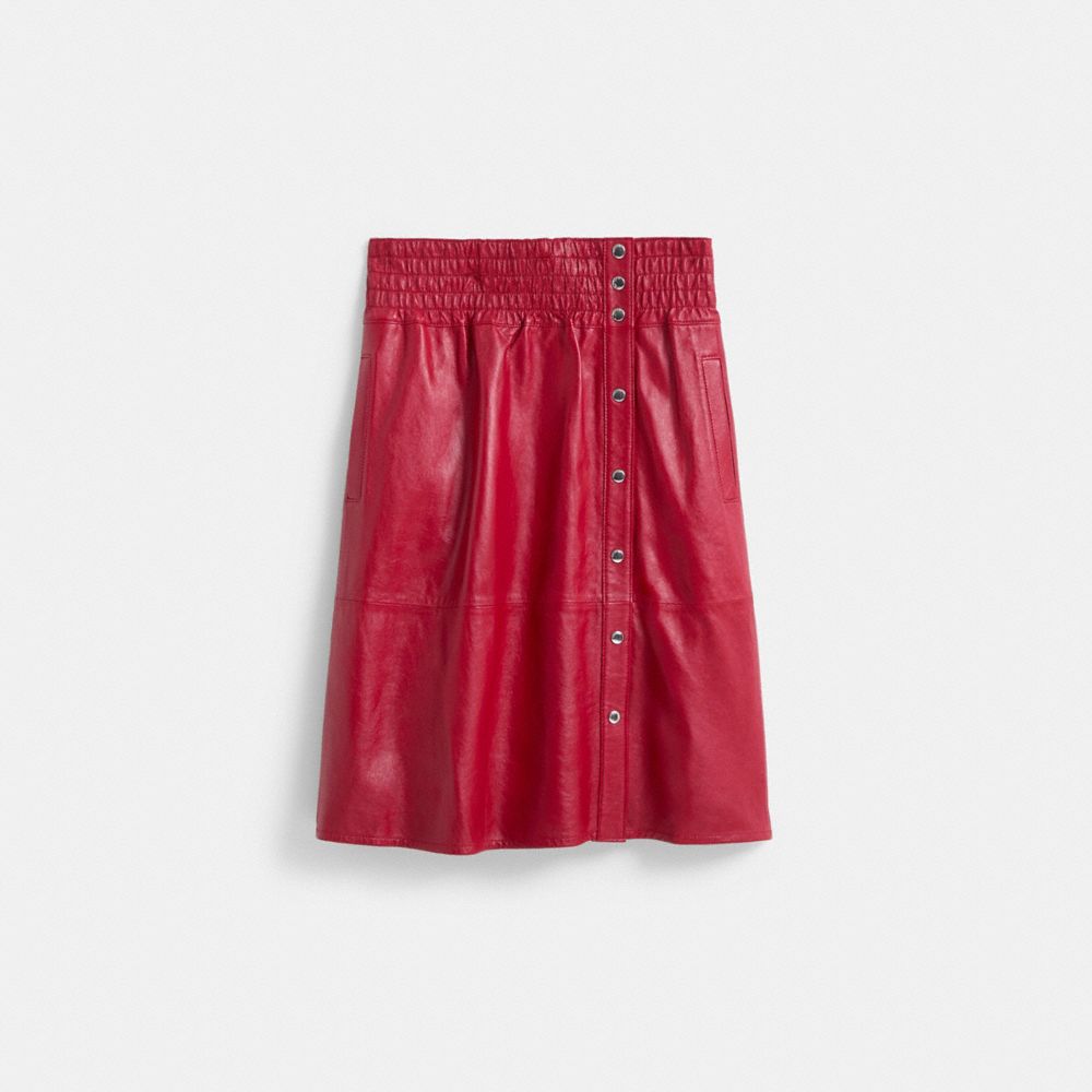 COACH®,Restored Smocked Leather Skirt,Polyester,Leather,Lambskin,A-Line,Seam,Shirring,Snap Button,Eco-Friendly,Day Party,Red,Front View