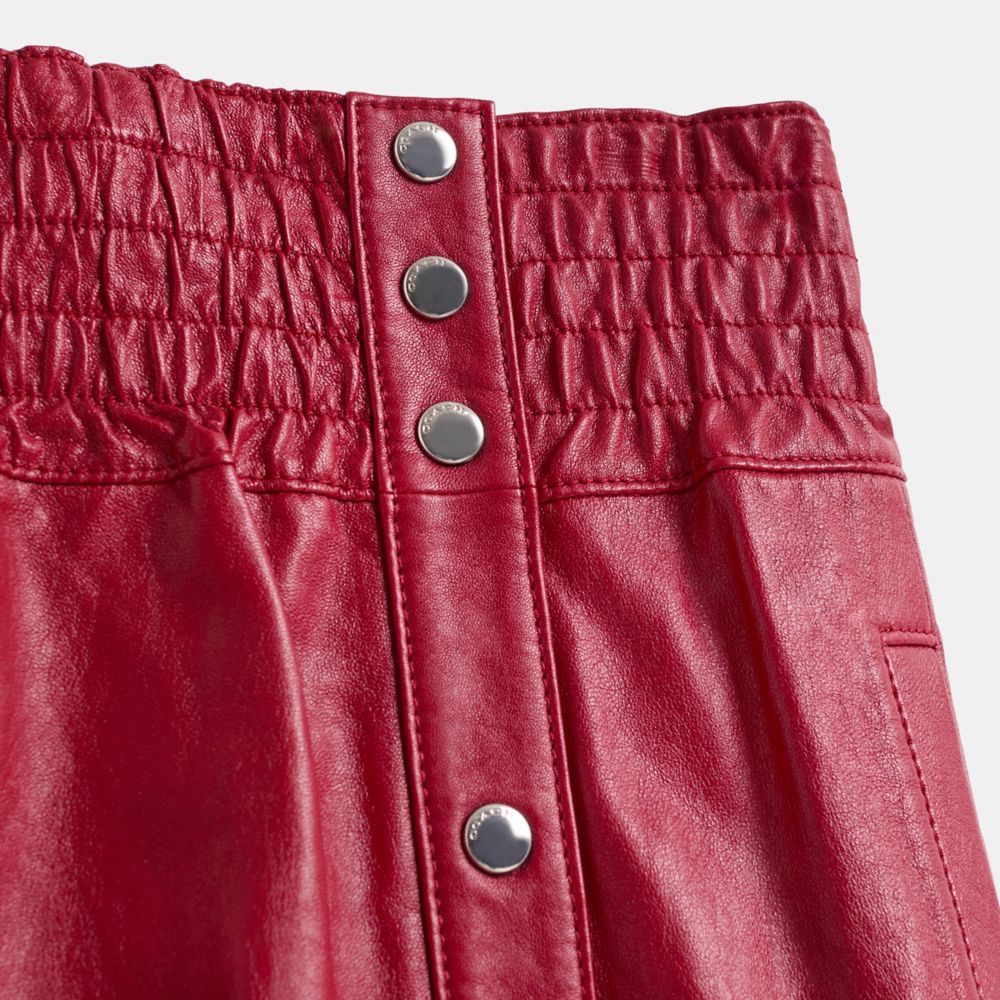 COACH®,Restored Smocked Leather Skirt,Polyester,Leather,Lambskin,A-Line,Seam,Shirring,Snap Button,Eco-Friendly,Day Party,Red,Scale View