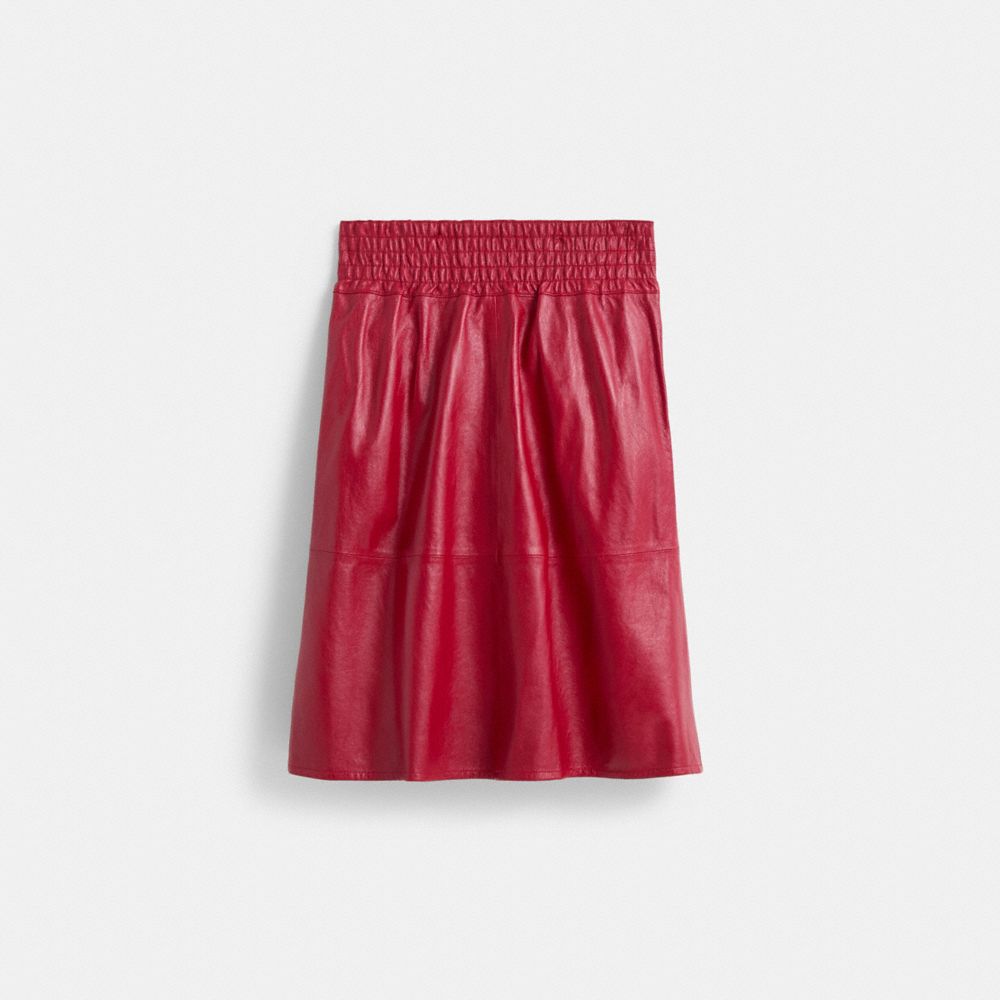 COACH®,Restored Smocked Leather Skirt,Polyester,Leather,Lambskin,A-Line,Seam,Shirring,Snap Button,Eco-Friendly,Day Party,Red,Back View
