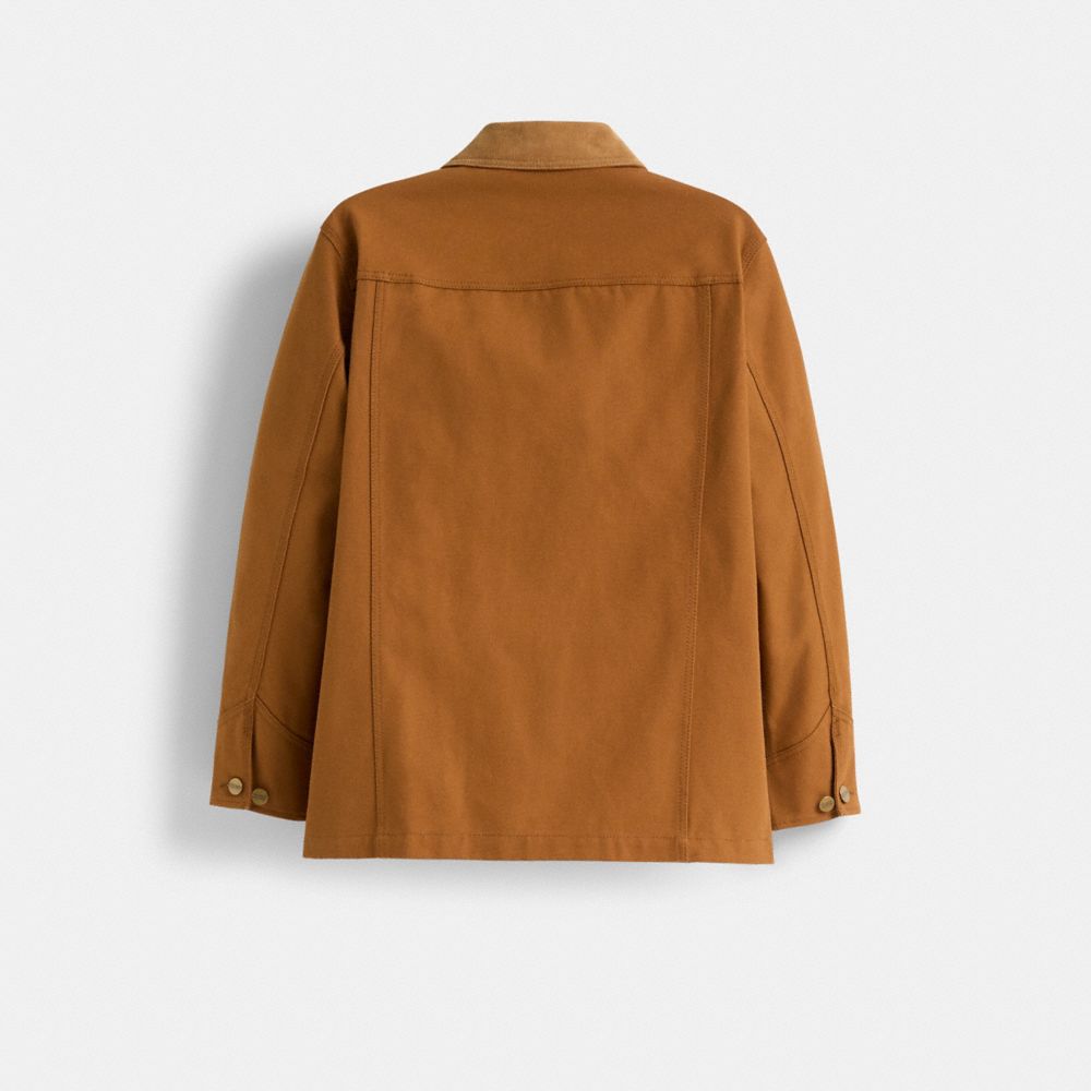 COACH®,Restored Canvas Bonnie Cashin Chore Coat,Cotton,Shirt Jacket,Button,Mixed Media,Eco-Friendly,Casual,Brown,Back View