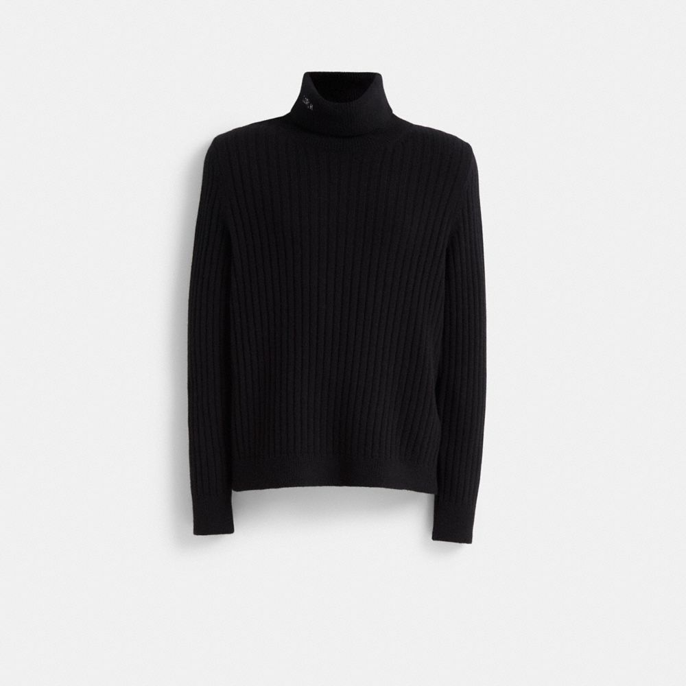 COACH®,Restored Turtleneck,Polyamide,Knit,Wool,Sweater,Pullover,Ribbed,Casual,Black,Front View