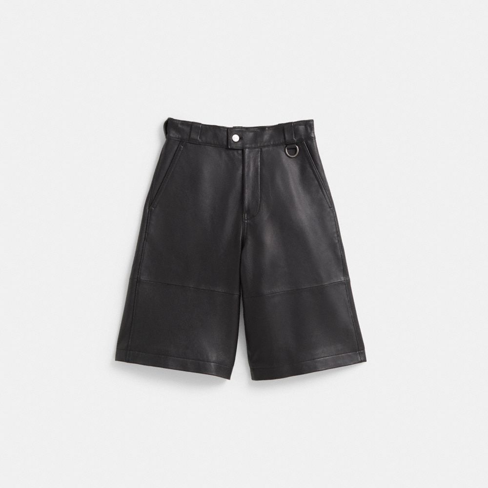 COACH®,Restored Leather Shorts,Leather,Polyester,Viscose,Lambskin,Bermuda Short,Seam,D Ring Embellishment,Eco-Friendly,Lin...,Black,Front View