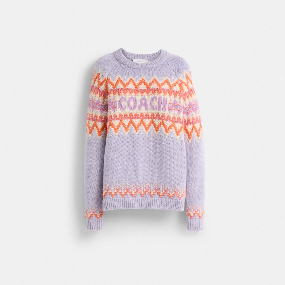 COACH®,Restored Fair Isle Ski Sweater,Wool,Alpaca,Pullover,Sweater,Pattern,Logo,Casual,Lavender,Front View