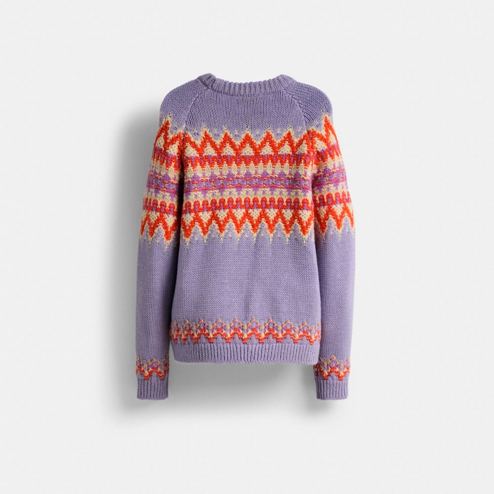 COACH®,Restored Fair Isle Ski Sweater,Wool,Alpaca,Pullover,Sweater,Pattern,Logo,Casual,Lavender,Back View
