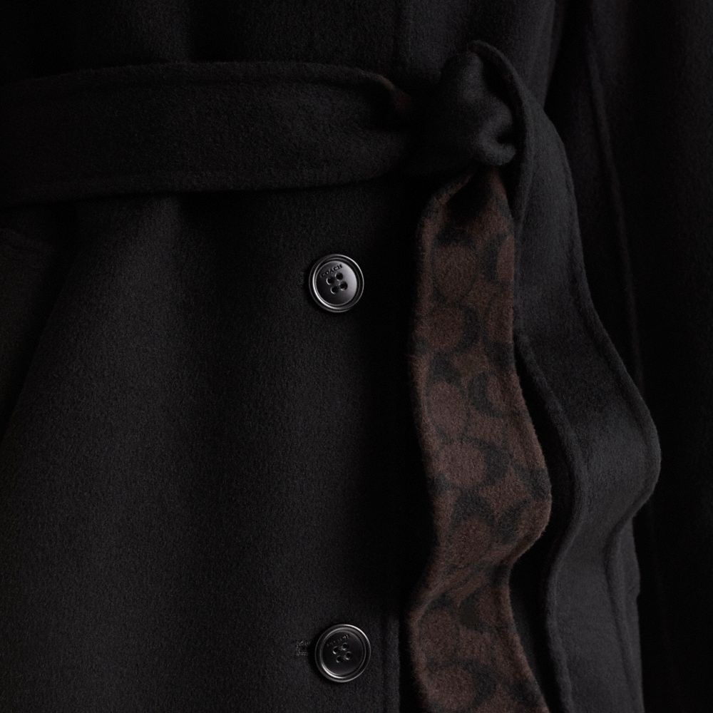 COACH®,Restored Double Faced Coat,Polyamide,Viscose,Synthetic,Wool,Overcoat,Tie Belt,Logo,Tag Embellishment,Sustainable,Ec...,Black,Scale View