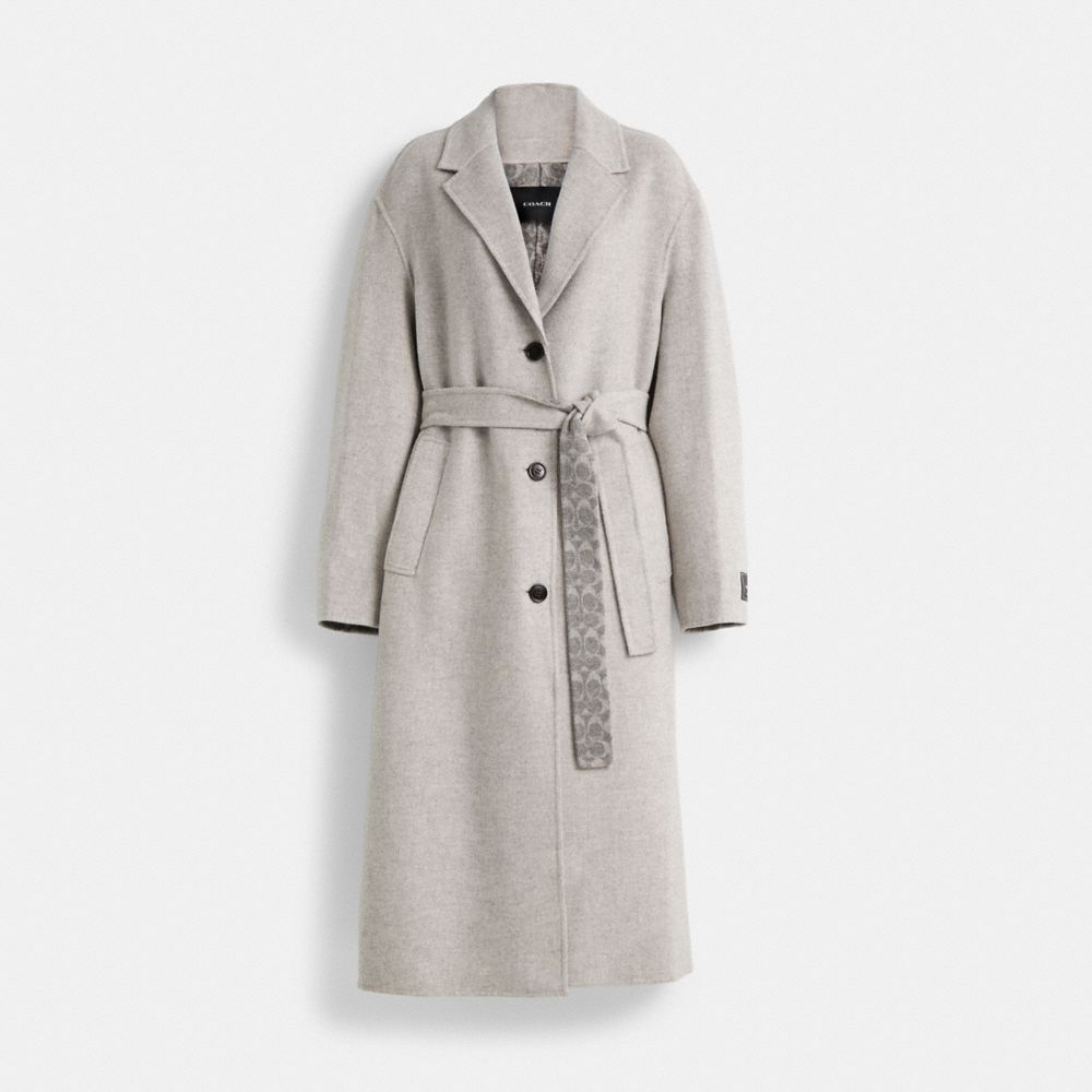 COACH®,Restored Double Faced Coat,Polyamide,Viscose,Synthetic,Wool,Overcoat,Tie Belt,Logo,Tag Embellishment,Sustainable,Ec...,Gray,Front View