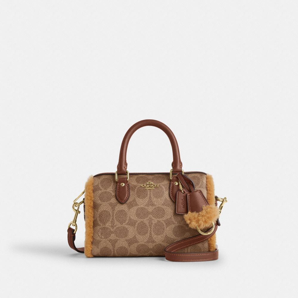 COACH®,Mini Bolso Bandolera Rowan En Lona Signature Con Flecos,Pequeño,Oro/Beige/Natural,Front View