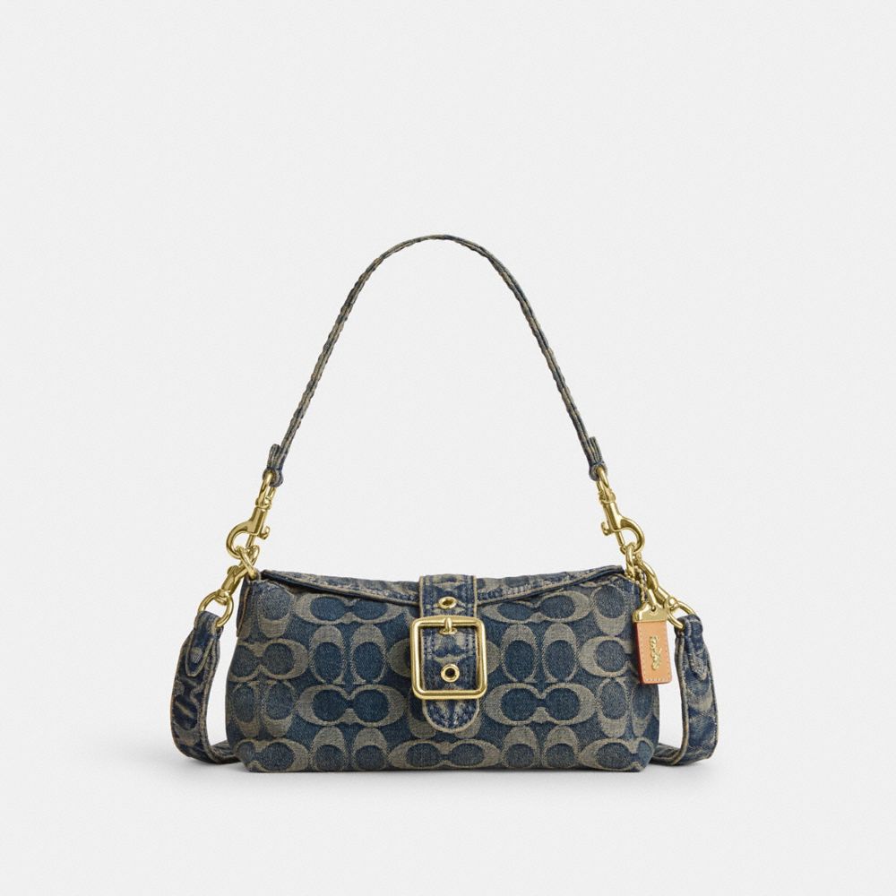 COACH®,Borsa a Spalla Abbie in Denim di Cotone Rigenerato Signature,Piccola,Goud/Denim,Front View