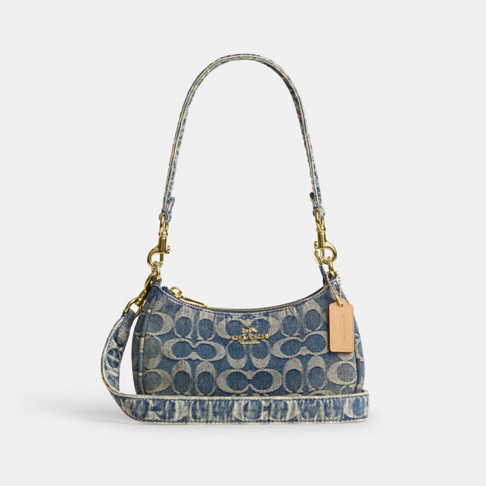 COACH®,Borsa Mini Tracolla Teri in Denim di Cotone Rigenerato Signature,Mini,Oro/Denim,Front View