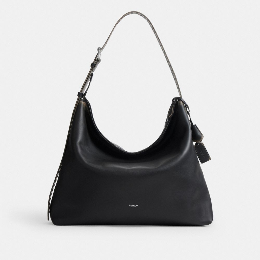 COACH®,Mott Messenger Bag In Loved Leather With Studs,Leather,Messenger Bag,Metal Material,Studded,Adjustable,Silver Metal,Ca,Black,Front View