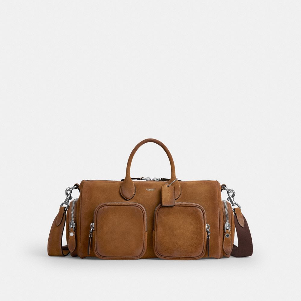 COACH®,Compass Bag 35 With Pockets,Cotton,Leather,Suede,Duffle Bag,Tag Embellishment,Convertible,Adjustable,Lined,Silver Meta,Brown,Front View