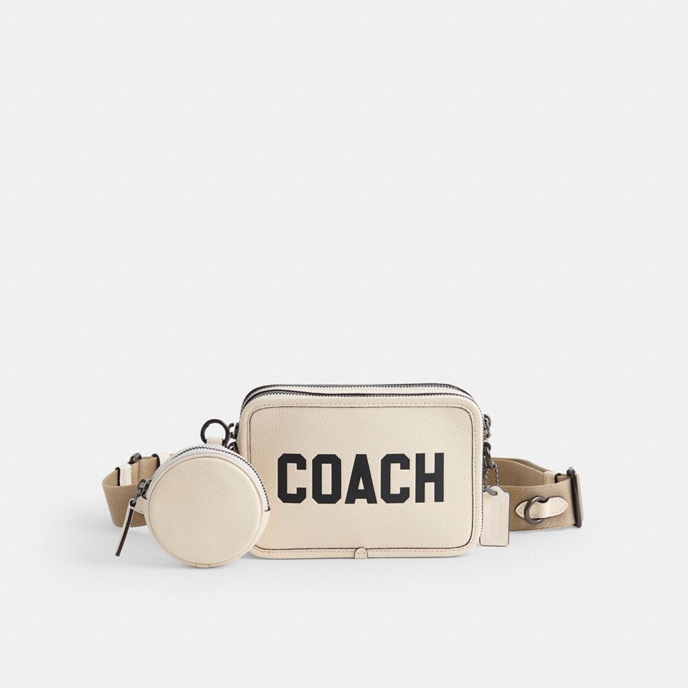COACH®,Restored Charter Crossbody Bag 19 With Coach Graphic,Leather,Crossbody,Pouch,Metal Material,Logo,Graphic,Set,Sustai...,Cream,Front View