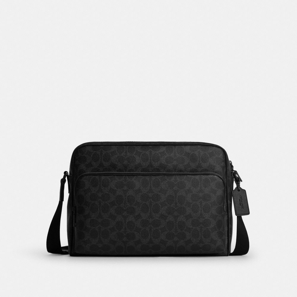 COACH®,Sac Bandoulière Colton 34 En Toile Signature,Moyen,Noir mat/Noir signature,Front View