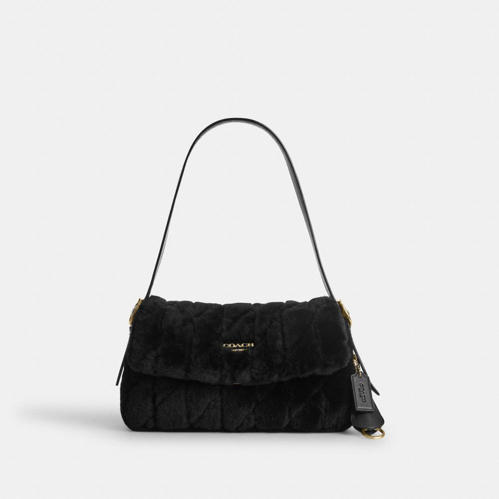COACH®,Borsa a Spalla Piccola Etta Con Patta In Shearling Trapuntato,Piccola,Oro/Nero,Front View