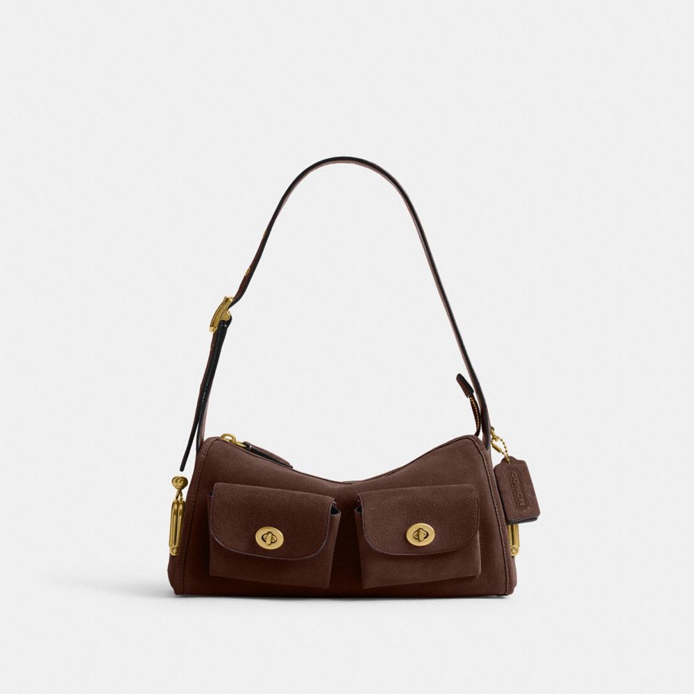 COACH®,Turnlock Haversack Bag 27,Calfskin Leather,Cotton,Suede,Shoulder Bag,Metal Material,Logo,Adjustable,Brass,,Front View
