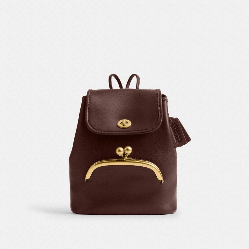 COACH®,Kisslock Backpack,Backpack,Metal Material,Metal,Logo,Adjustable,Gold Metal,Casual,Brown,Front View
