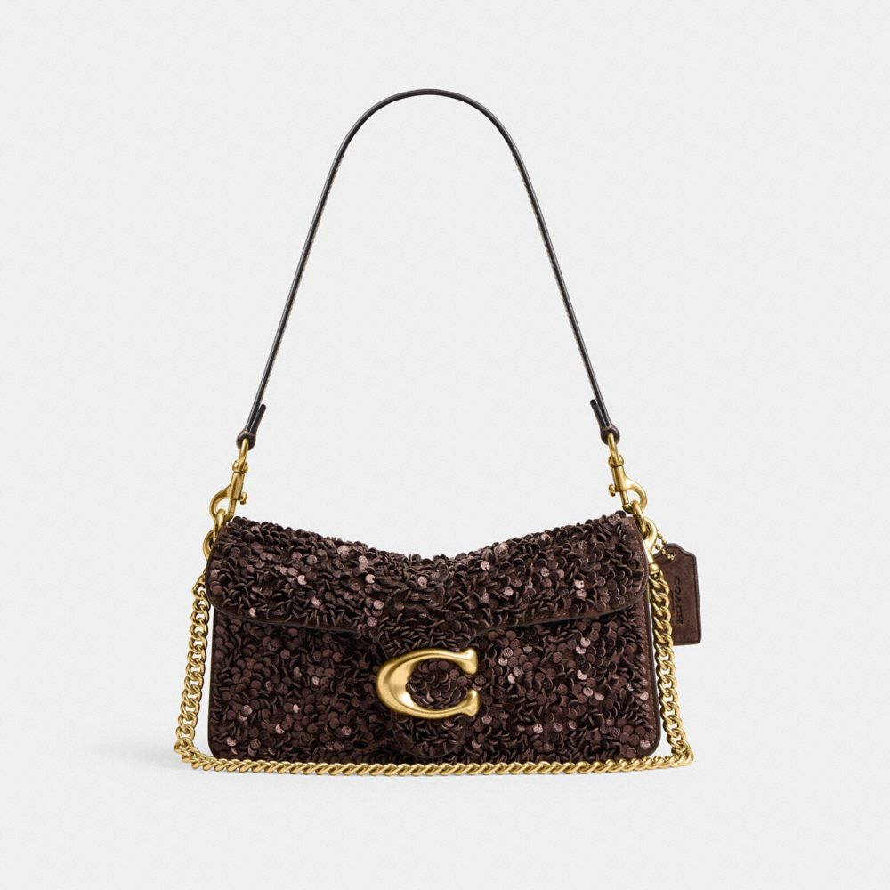 COACH®,Tabby Shoulder Bag 26 With Sequins,Leather,Suede,Shoulder Bag,Crossbody,Sequin,Adjustable,Brass,Gold Metal,Party,Bronze,Front View