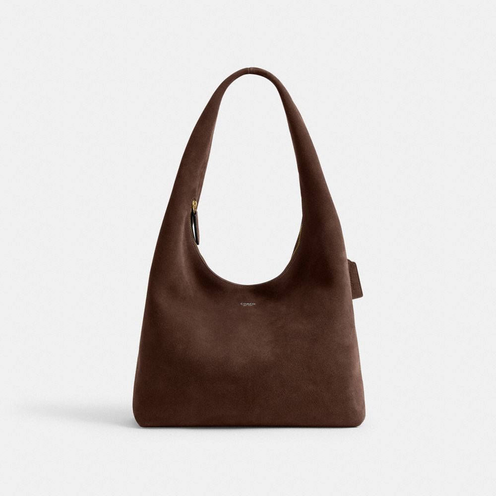 COACH®,Pillow Brooklyn Shoulder Bag 34,Suede,Cotton,Hobo,Lined,Sustainable,Brass,Casual,Brown,Front View